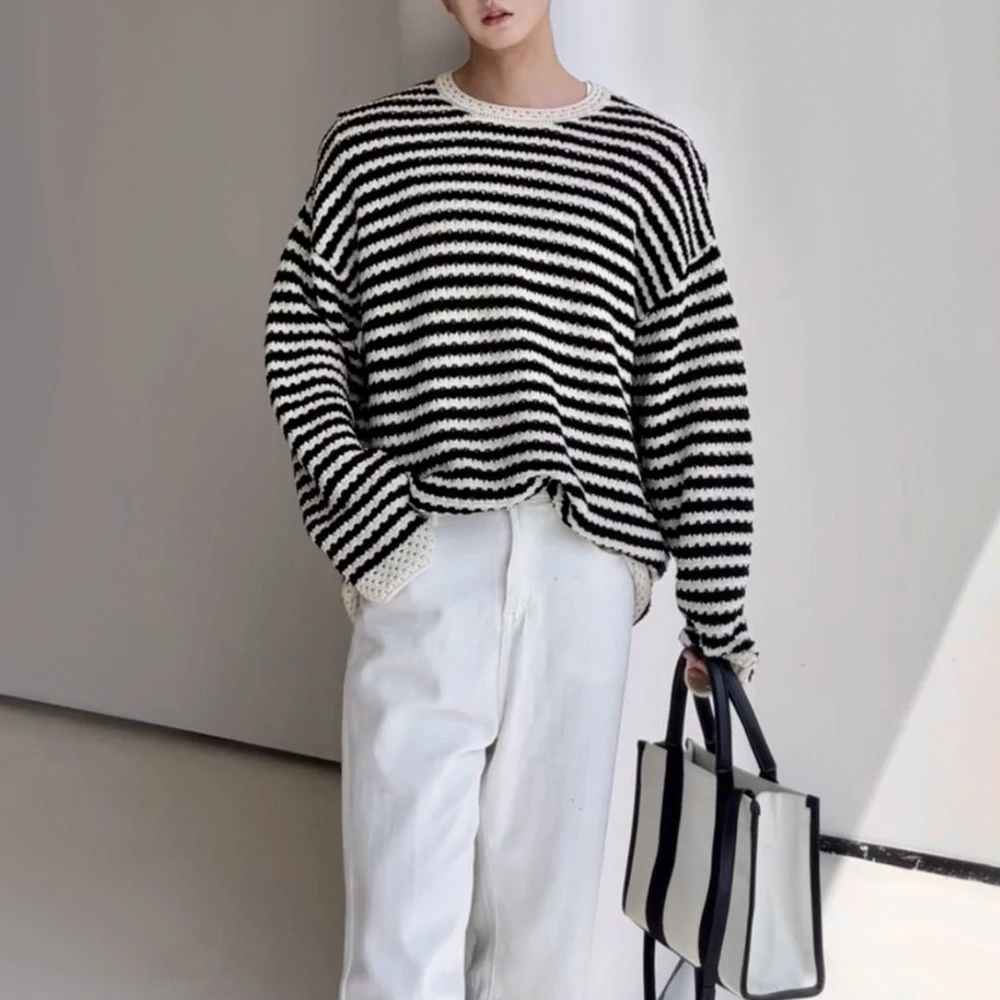 Mens Black White Striped Hollow Casual Thin Knitted Tops Genderless Fashionable Comfortable Cardigan Long Sleeve Shirt Unisex