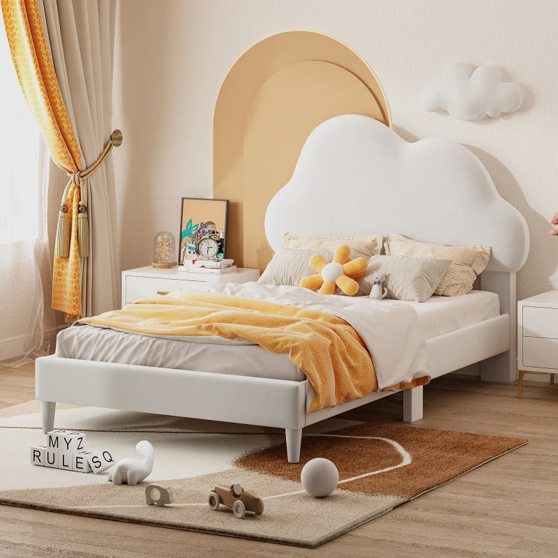 Twin Size Upholstered Cloud-Shape Bed ,Velvet Platform Bed with Headboard,No Box-spring Needed,Beige/Pink.