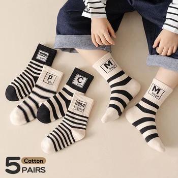 5 Pairs Children's Socks Spring Autumn Socks Kids Boys Cotton Socks Baby Letter Pattern Mid Calf Sock