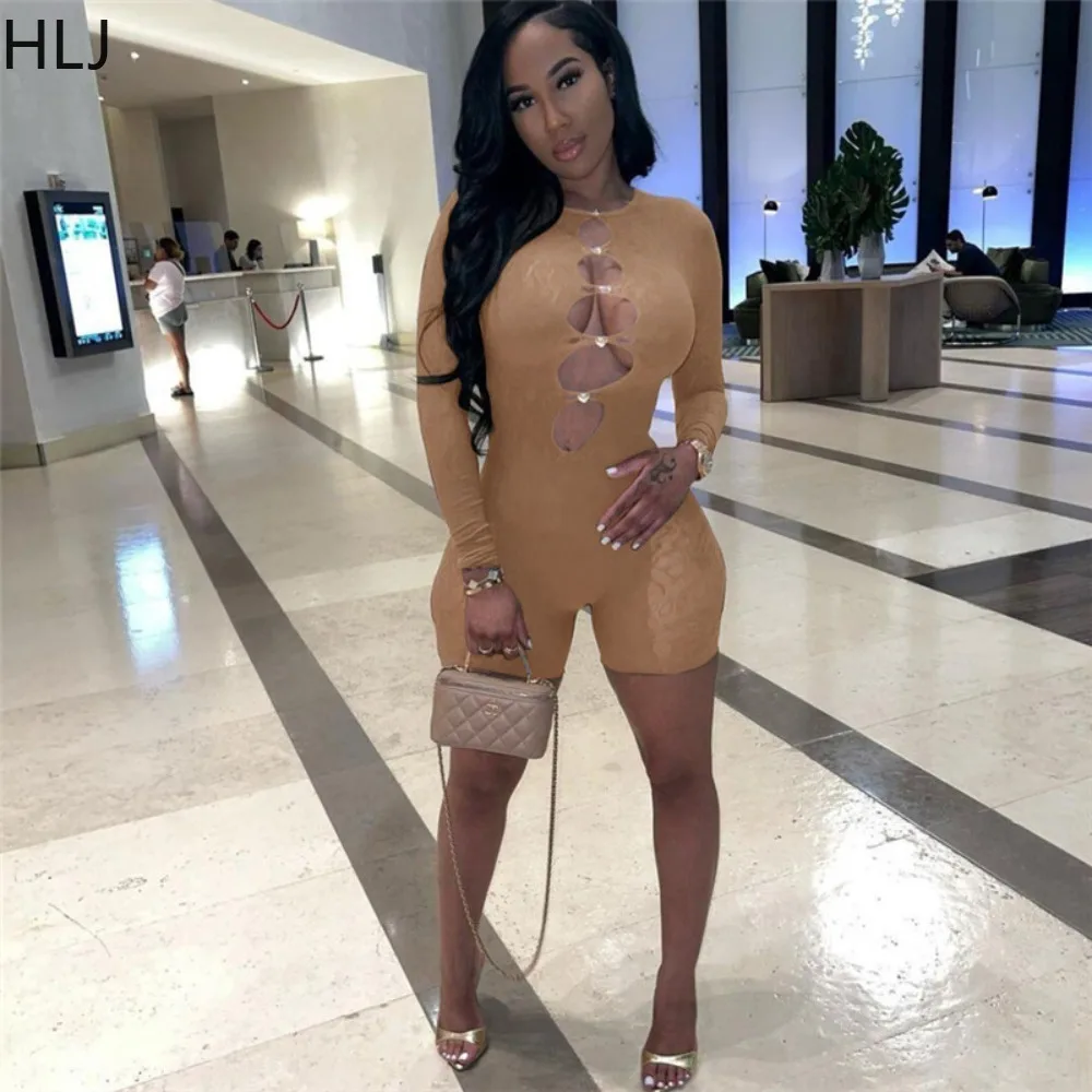 HLJ Sexy Hollow Out Bodycon Nightclub Party Rompers Women Round Neck Long Sleeve Skinny Jumpsuits Female Lace Sporty Playsuits