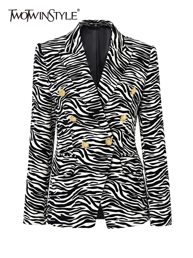 

TWOTWINSTYLE Colorblock Zebra Striped Blazer For Women Notched Collar Long Sleeve Tunic Patchwork Double Breasted Blazers Female