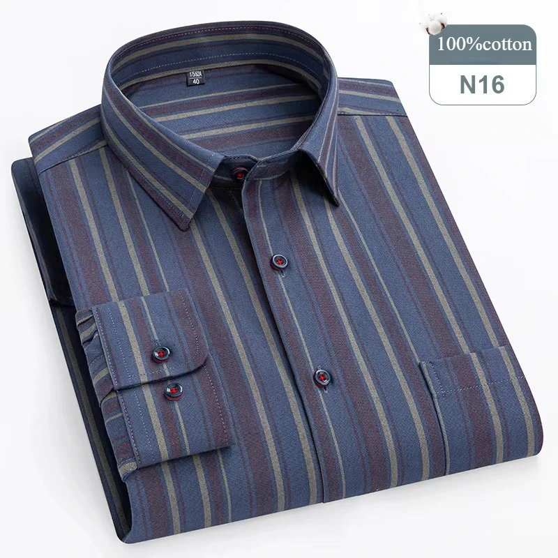 Men's Plus Size Long-Sleeve 100% Cotton Slim Fit Formal Shirt - Soft Plaid and Striped Design