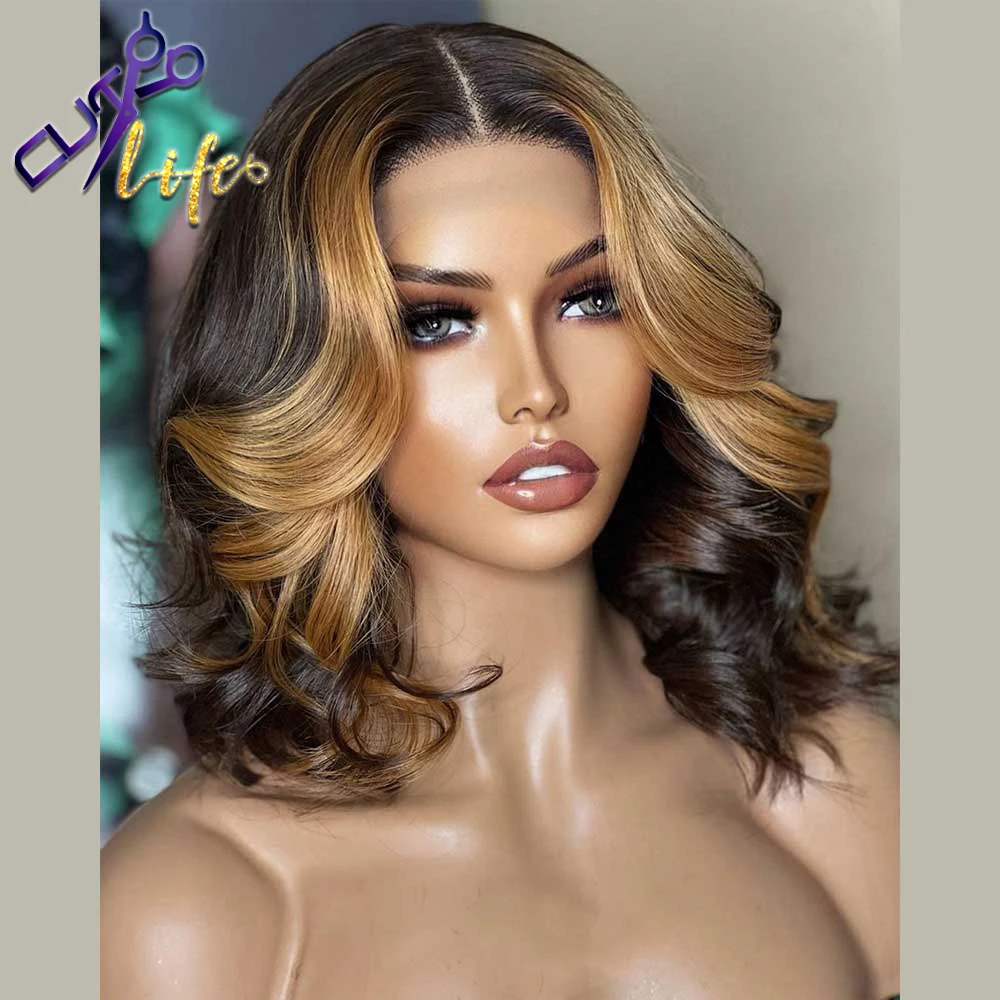 Body Wave Brown Highlight Short Bob Cut 13x4 Lace Front Wig Human Hair Wigs 4X4 Lace Closure Wig Loose Wave Invisible For Women