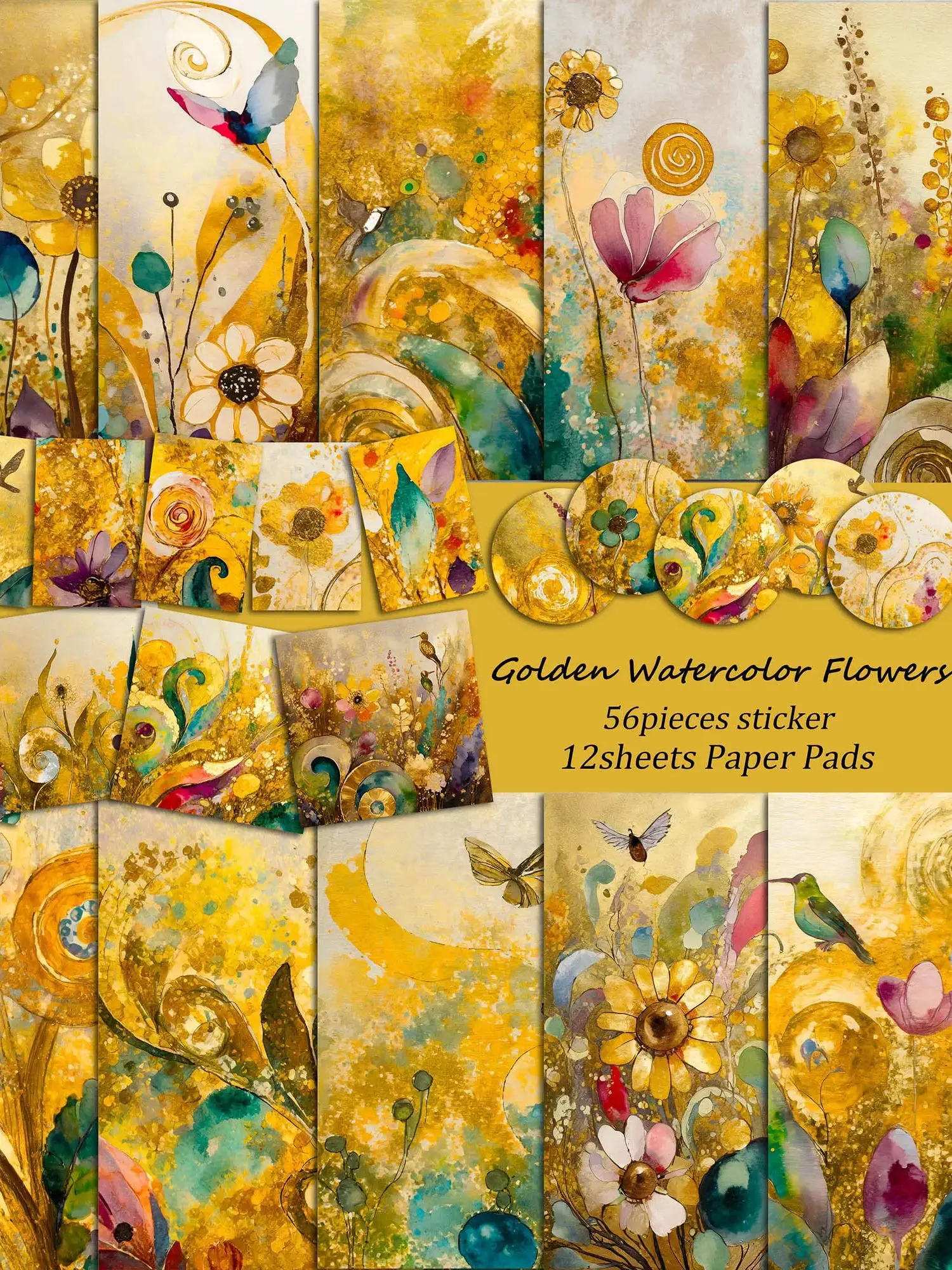 Jaiiman 68 Stück (12 Papiere 56 Aufkleber) goldene Aquarell blumen DIY Sammelalbum Set für Journal zubehör, Scrap booking Zubehör – Detail 1