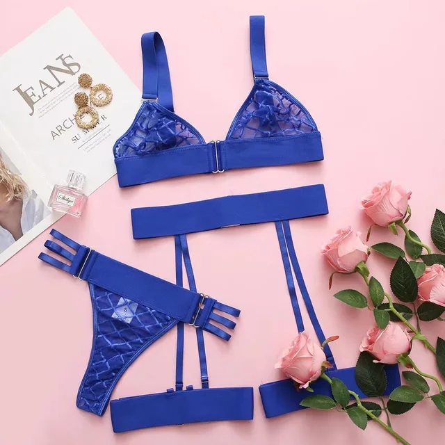 Ensemble de soutien-gorge et jarretelles en maille, kits de paupières, sous-vêtements Sissy, tenue évidée, ensemble de lingerie sexy, distribution, 3 pièces, 7.0 1