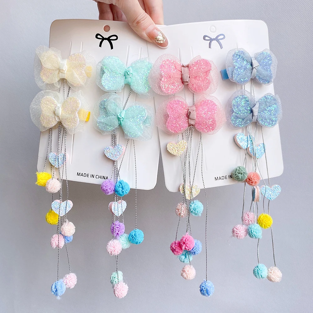 

2Pcs/Set Glitter Tassel Bowknot Hair Clips For Cute Girls Plush Ball Hairpins Boutique Barrettes Headwear Kids Hair Accessories