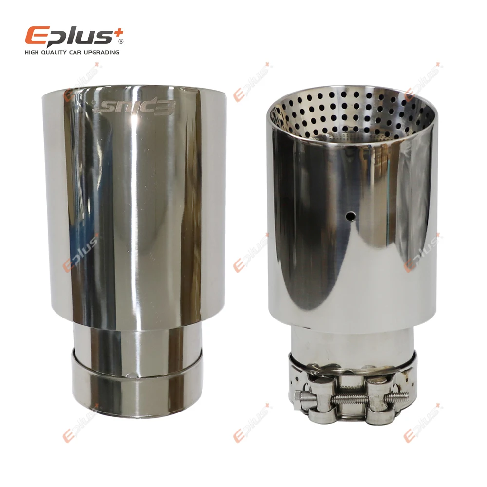 Eplus Car Stainless Steel Silver Muffler Tip Universal Exhaust Pipe Mufflers bilayer Punching holes Nozzle Decoration Bevel End exhaust muffler tip exhaust pipe muffler exhaust trim pipe