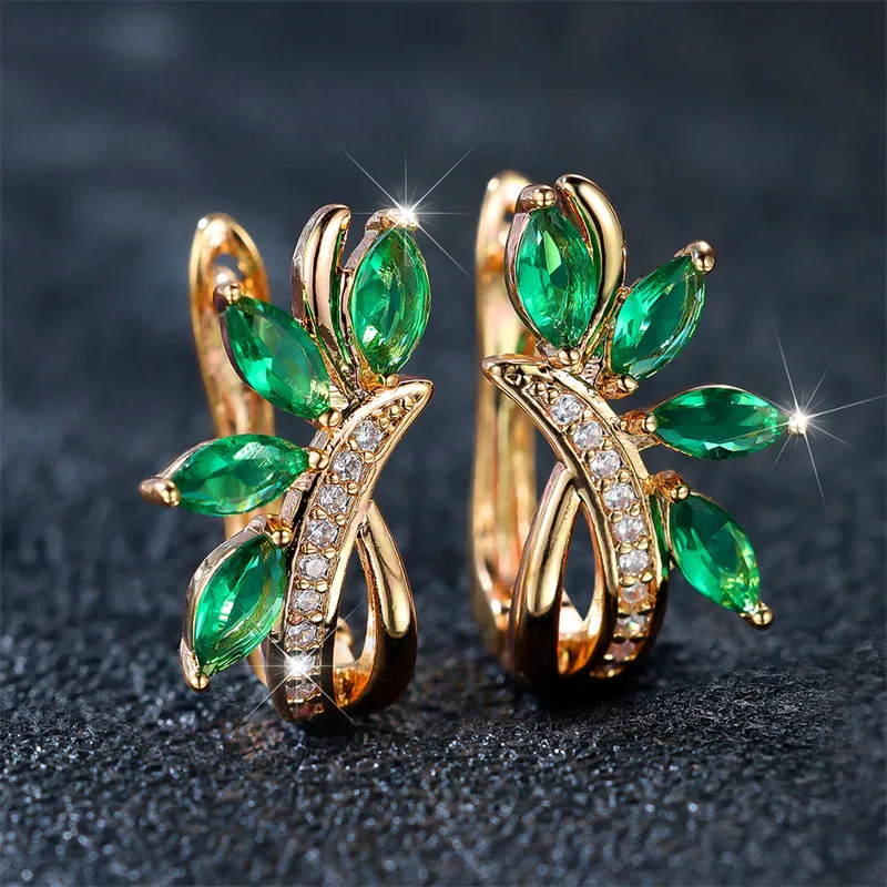Cute Female Blue Green Stone Clip Earrings Charm Gold Color White Zircon Stone Wedding Jewelry For Women