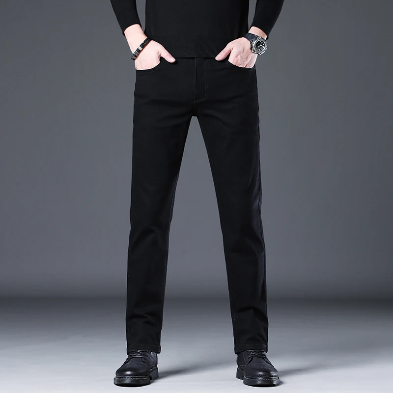 

Four Seasons Men's Black Slim Straight Jeans Classic Washed Elasticity Cotton Denim Pants Versatile Fashion Korean Male Clothing