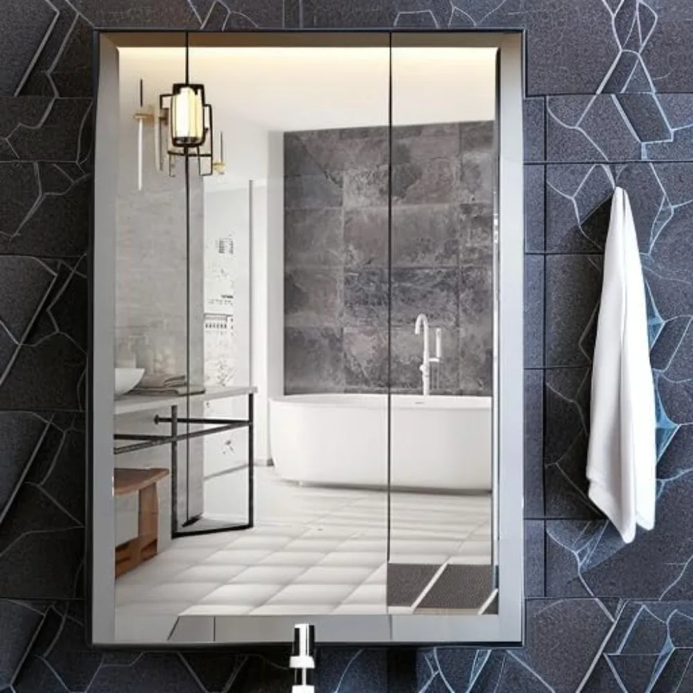 Double Doors Medicine Cabinet with Mirror, 36 inch X 26 inch Aluminum Bathroom Medicine Cabinet, Adjustable Glass Shelves