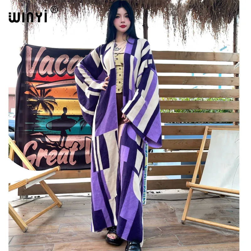 

WINYI winter cardigan Africa kimono women Geometric print maxi OverCoat Thick Warm long down coat Middle East fashion abaya