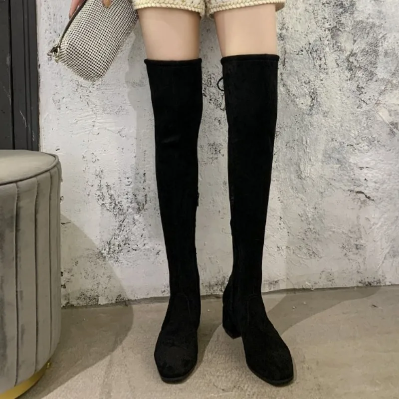 

Женские ботфорты на молнии сбоку, офисные Сапоги выше колена с квадратным носком, обувь для работы и работы, 2023