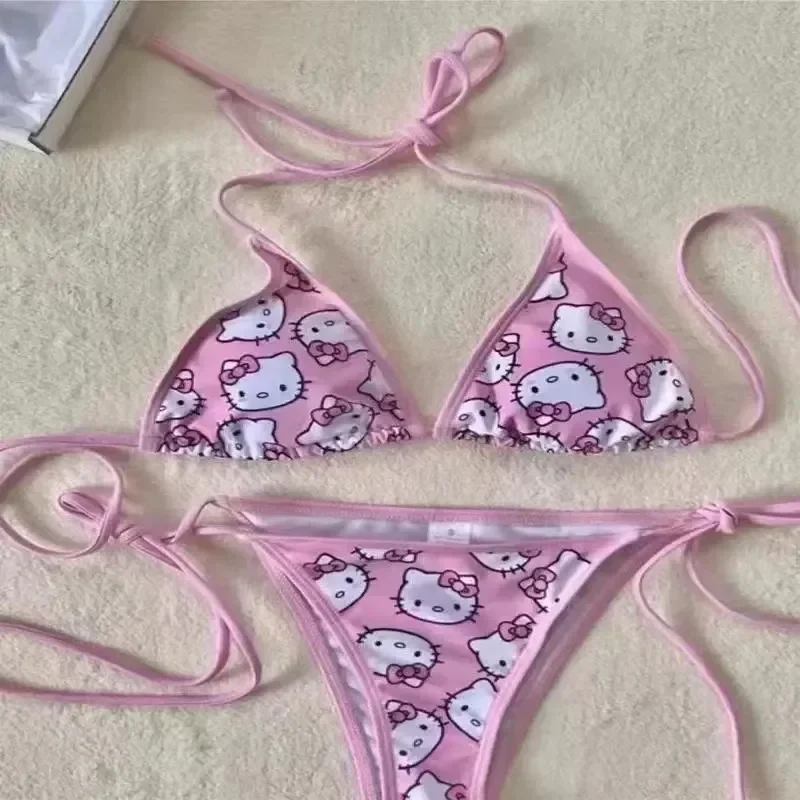Conjunto de bikini Sanrio Hello Kitty Kawaii con bonitos dibujos animados de anime para verano, playa, bragas con tiras suaves, traje de baño Kawaii, bikini sexy Y2k
