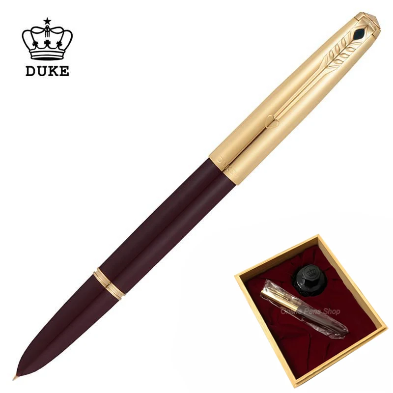 DUKE 14K Gold Nib Fountain Pen Metal Dark Red Semi-Steel Outstanding Ink Pen E Fine 0.38mm & Bent Nib Calligraphy Writing Pen