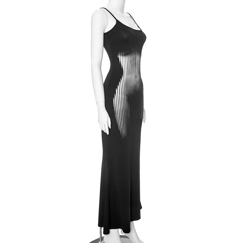 Spring and Summer New Black U-neck Women's Thin Shoulder Straps Bodycon Dress Sleeveless High Waist Hip Wrap Fishtail Long Dress