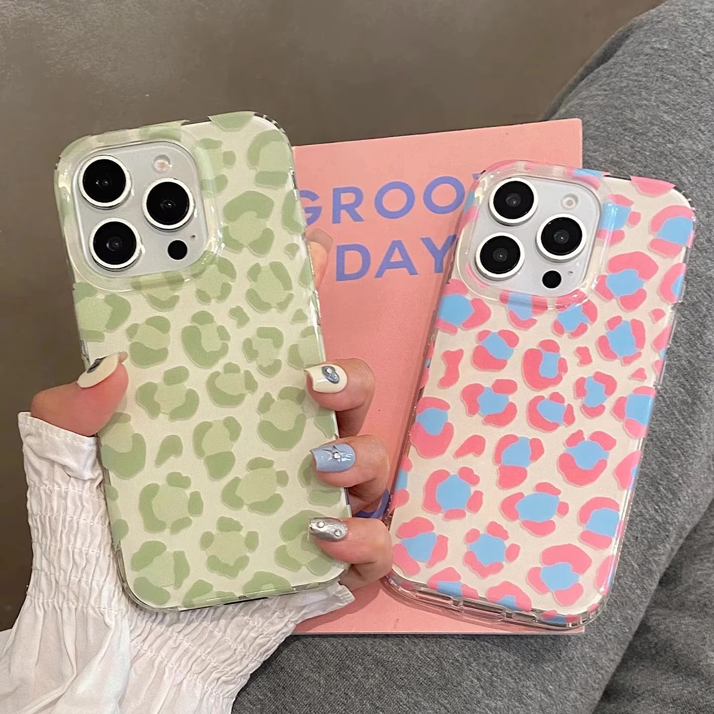 Chic Leopard Print Phone Case with Green-Pink Design and Leather Texture