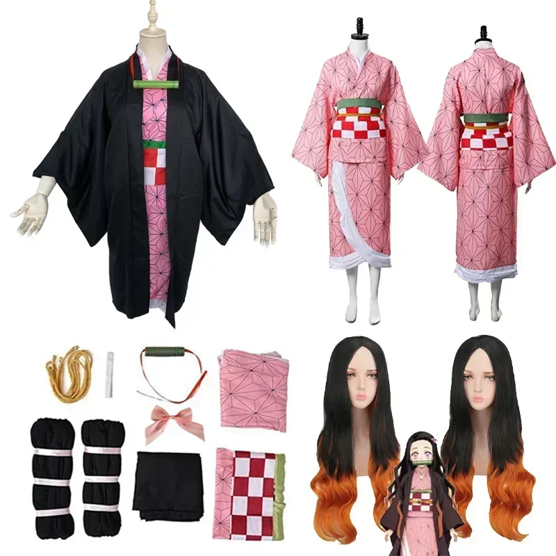 

Kamado Nezuko Cosplay Costume Anime Kimetsu No Yaiba Nezuko Wig Aldult Kids Kimono Halloween Costumes Clothes