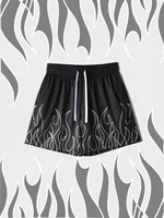 Men's Flame Print Shorts Breathable Mesh Athletic Basketball Shorts Summer Oversized Sport Shorts Drawstring Gym Short Pants 2