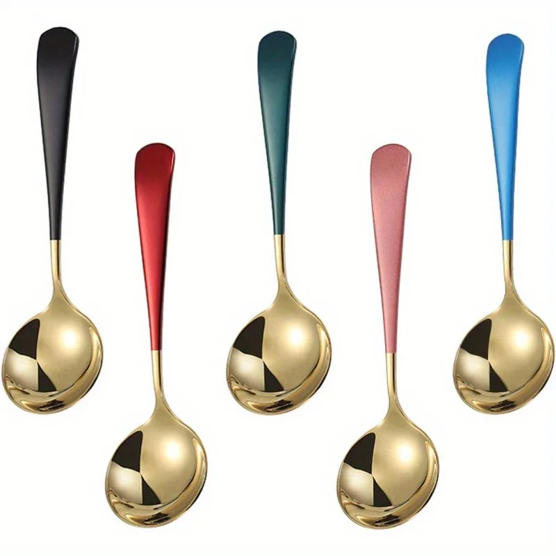 stainless steel spoon 5pcs Stainless Steel Spoon Creative Korean Style Home Western Food Spoon, Modern Thick Handle, Dinner Metal Spoon