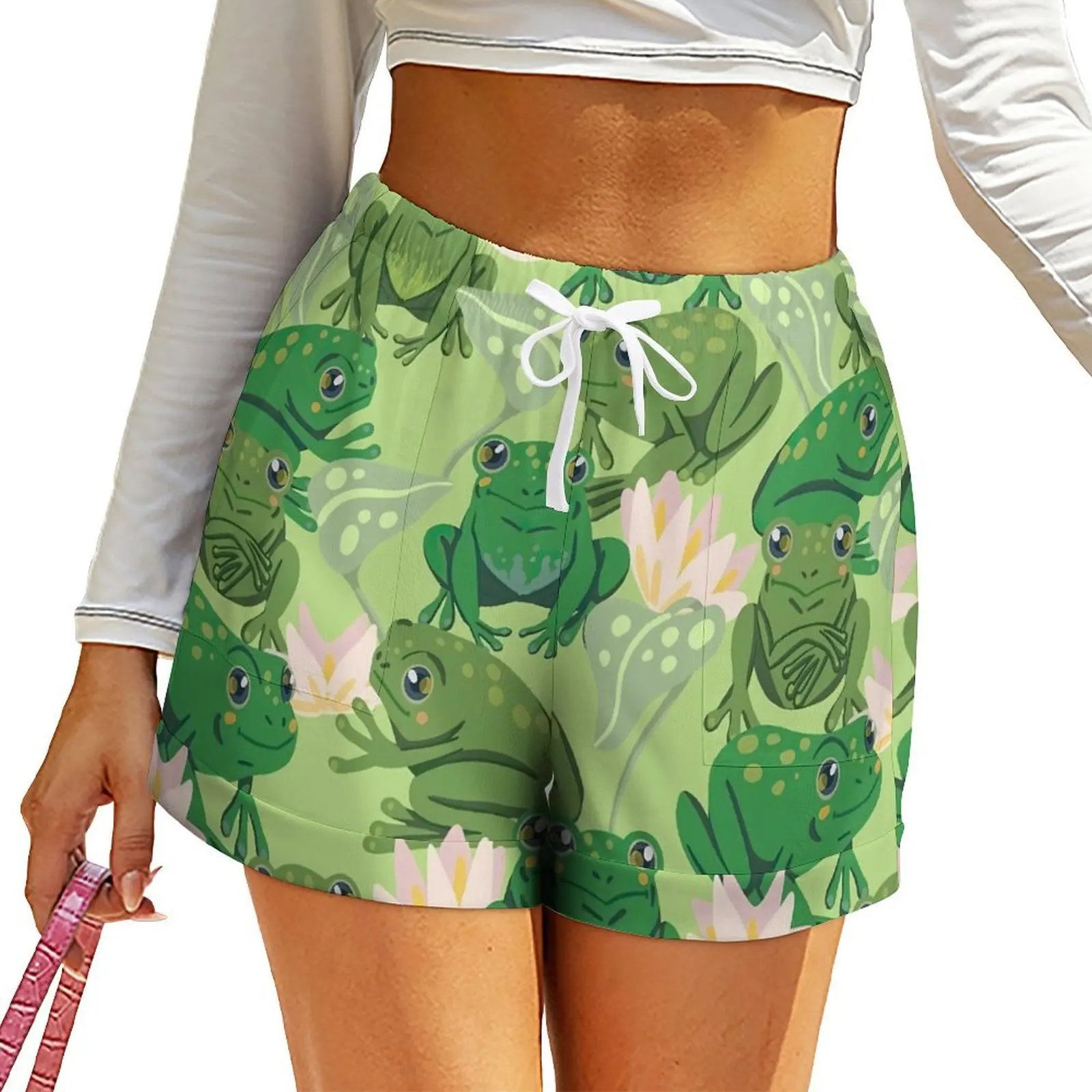 

Cute Frog Lotus Shorts Pink Flowers Oversize Street Fashion Shorts Elastic High Waist Short Pants Women Design Pockets Bottoms