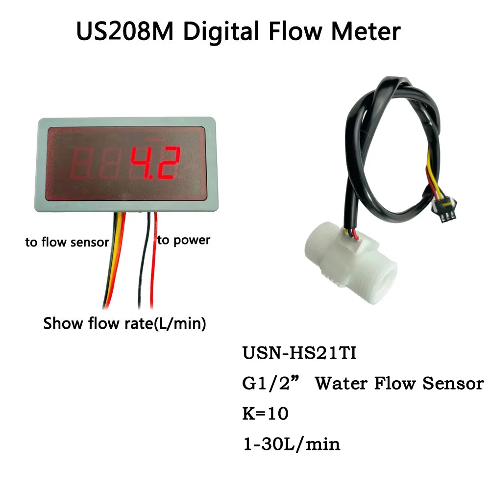 

5V US208M Digital Flow Meter G1/2" USN-HS21TI 1-30L/min Flow Rate Display and Frequency Counter Hall water Flow Sensor