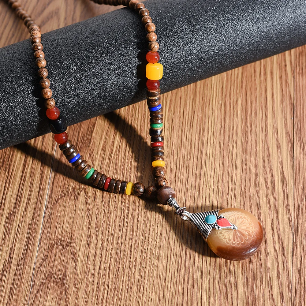 Collier Népalais Grande Longueur - Perle Turquoise Et Bois - Bouddhiste Homme Ou Femme