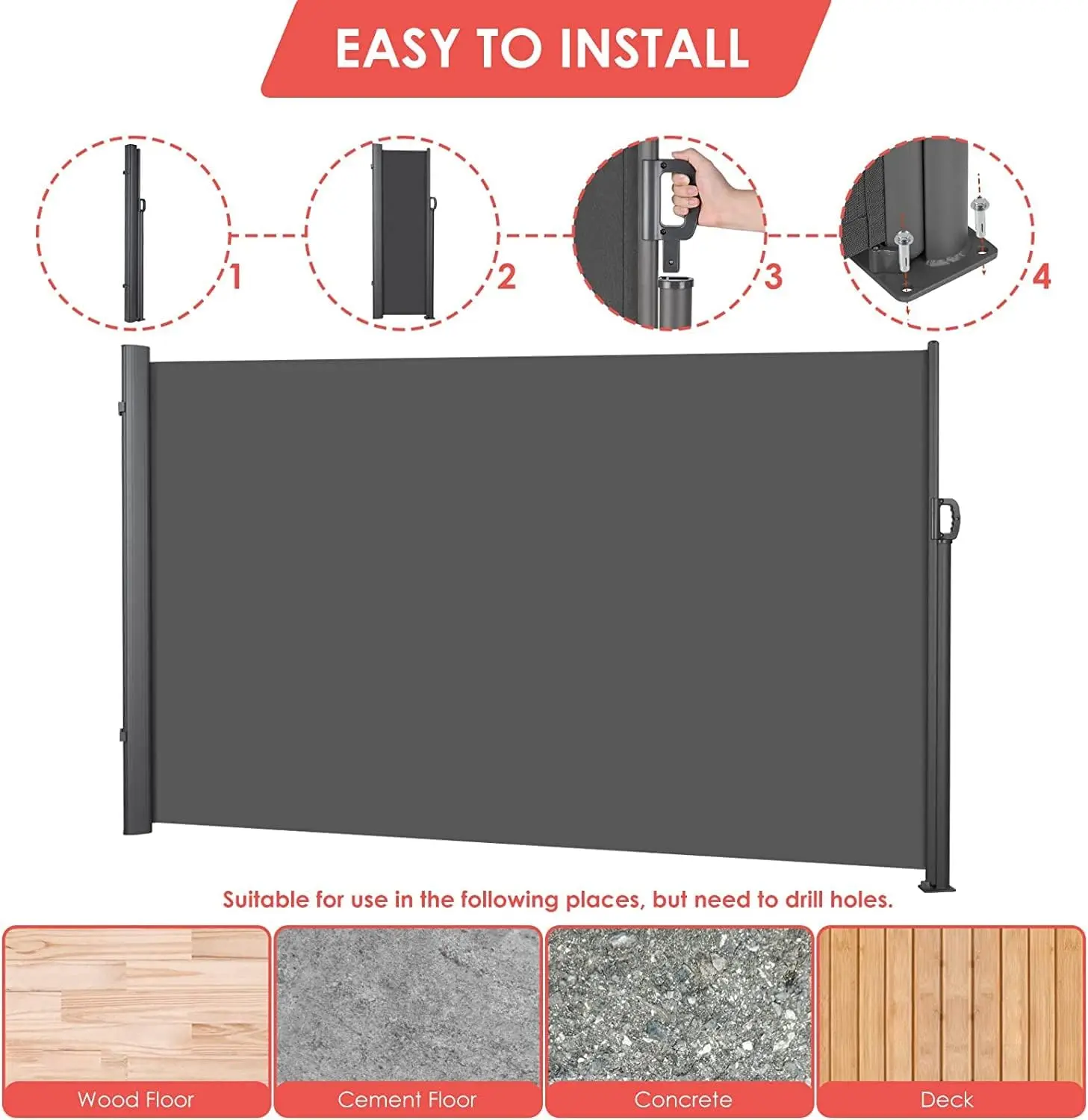 Retractable Side Awning,Patio Privacy Screen for Garden, Balcony, Courtyard,UV Resistant, Waterproof,Dark Grey, 118.1" x 70.9"