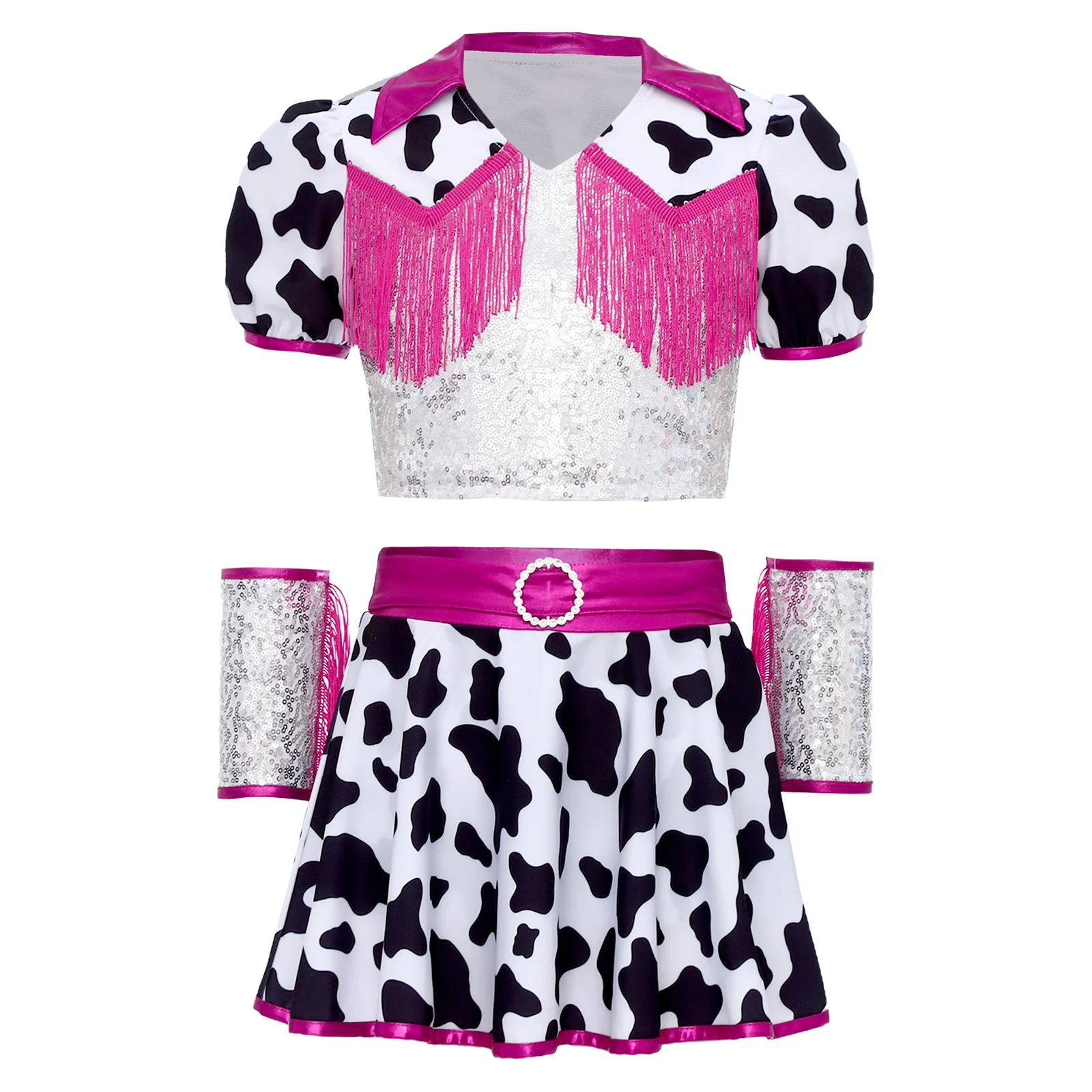 Cowgirl Kids Outfits for Girls Children Clothes Shiny Sequins Cow Printed Fringed Crop Top Skirt Halloween Hippie Costume