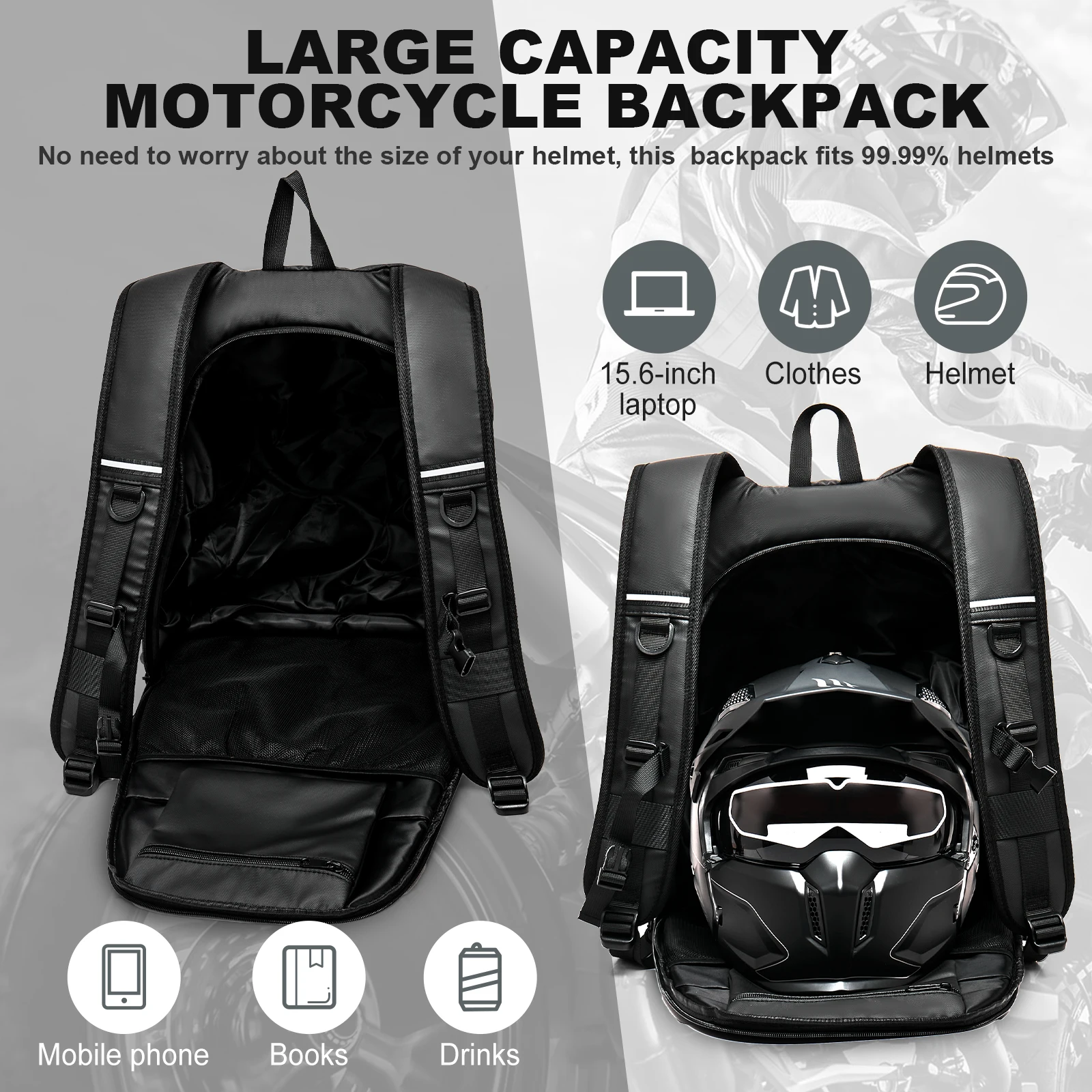 Motorcycle Backpack Waterproof Bag Large capacity, Reflective Strip Motorcycle Bag，Men Motorcycle Helmet Bag Travel Backpack