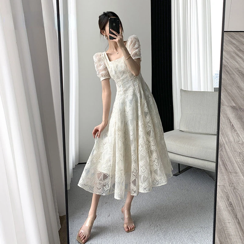 

Summer French Style Lace Women Elegant Square Collar Party Midi Dress Female Fashion A Line Apricot Ruffle Lady Clothes Vestidos