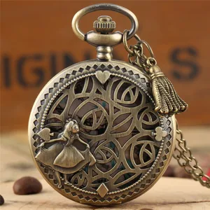 Antique Pocket Watch Hollow-Out Little Girl Design Princess Pattern Quartz Movement Clock for Kid Children with Sweater Chain