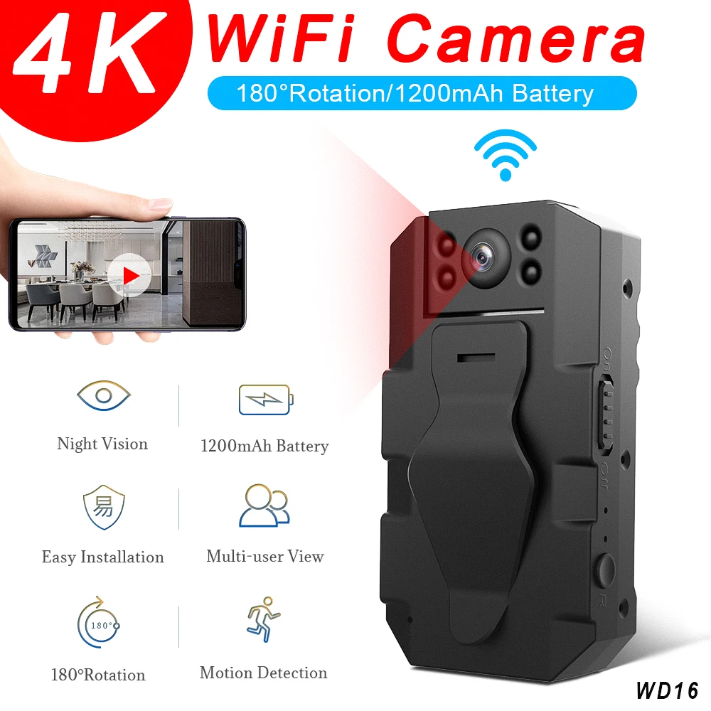 WD16 мини 4K HD Wi-Fi камера 180 градусов рекордер с задней клипсой удаленный мониторинг