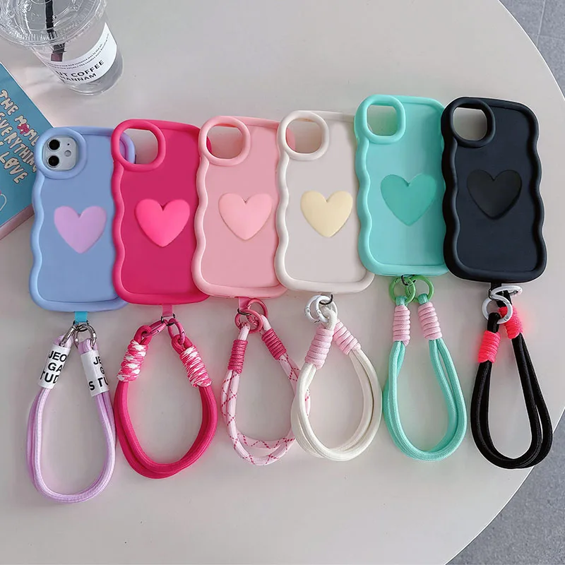 Fashion Love Heart Wavy Frame Lanyard Shockproof Phone Case Cover