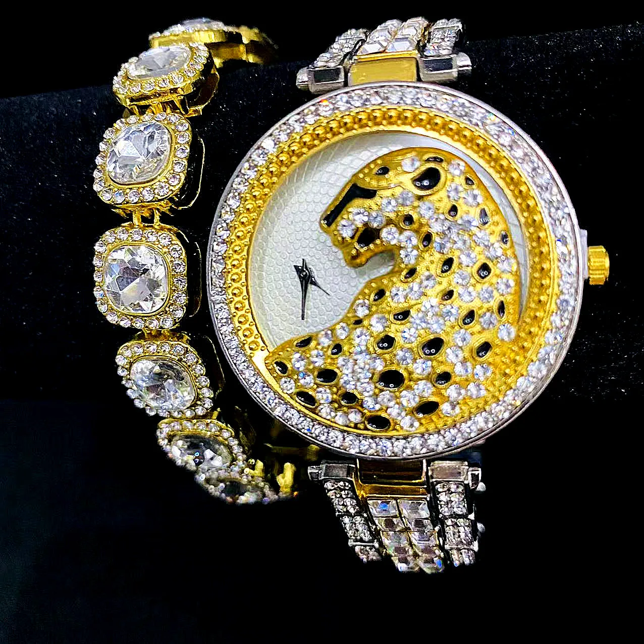 2pcs Iced Out Watch for Women Bling Bling Bracelets Fashion Leopard Watch Luxury Diamound Watches Women Jewelry Set Reloj Mujer