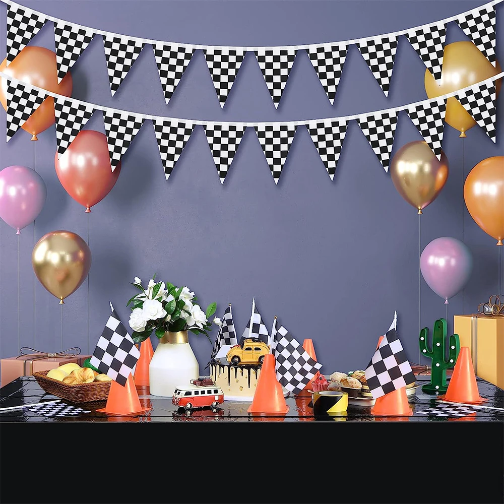 Hängende Flagge, schwarz-weiß kariert, Rennwimpel-Banner für Nascar-Thema, Rennwagen, Geburtstag, Formel 1, Party-Dekoration, Gastgeschenk – Detail 3