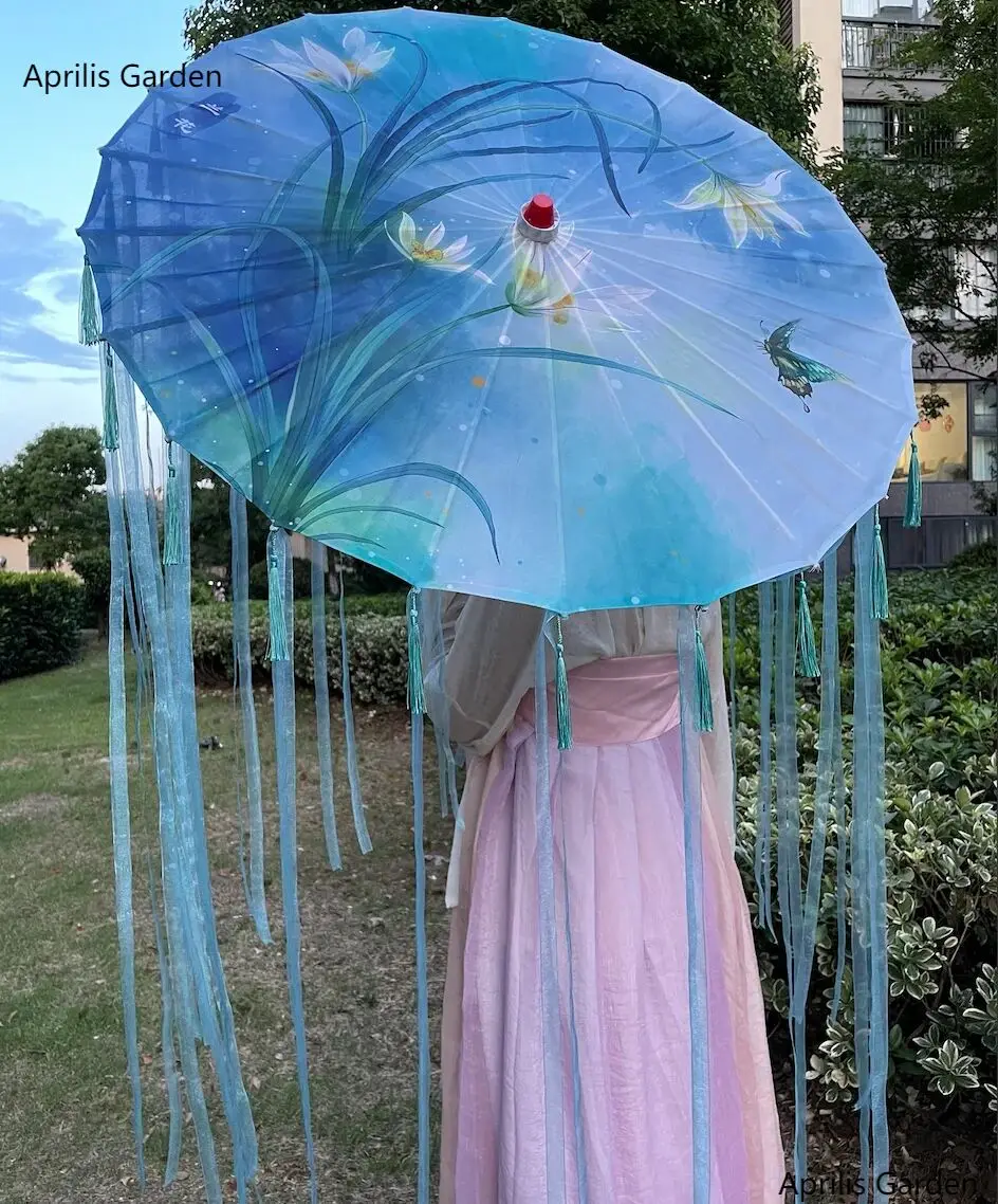 82cm Hanfu Oiled Paper Umbrella Rain Women Photography Prop Rain proof Ribbon Antique Tassels Umbrella Fan Paraguas Parasol Paper Umbrella