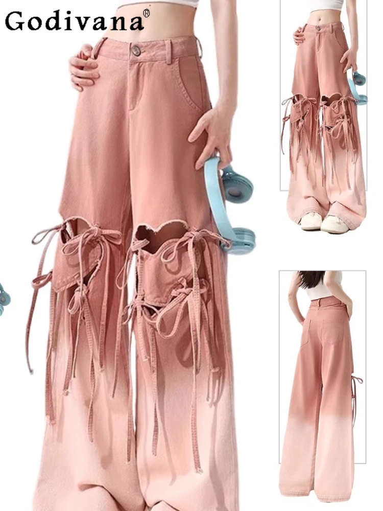 Large Size Cute Pink Heart Shape Summer Thin Lace-up Jeans Women's Loose Fashion High Waist Straight Wide Leg Ripped Floor Pants