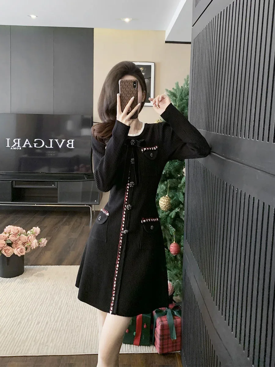 French style autumn and winter bow long sleeved knitted slim fit dress A-line skirt