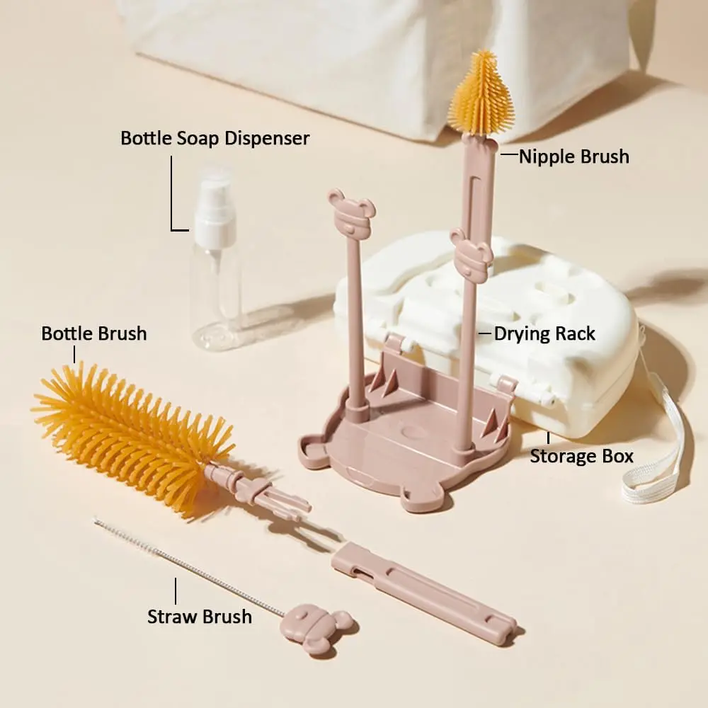 6 in 1 Bottle Cleaning Brush Set with Silicone Bottle Brush Straw Nipple Soap Dispenser Storage Box Drying Rack
