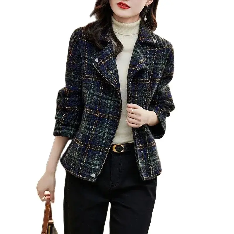 

Fashion Checked Contrast Woolen Jacket Female 2023 New Autumn Winter Coat Tops Korean Style Women's Woolen Blend Outerwear