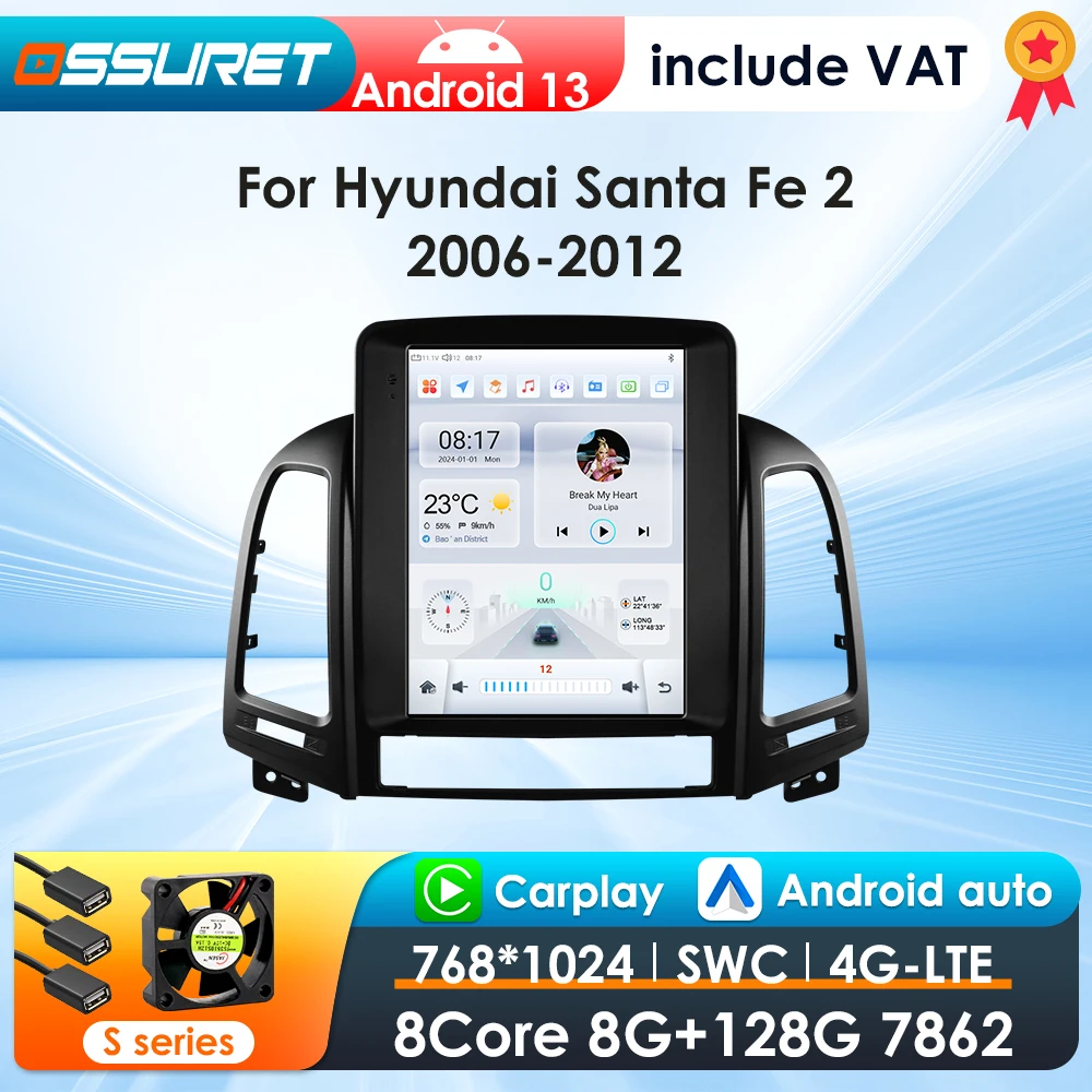 9.7inch 2DIN Android 13 Car Radio for Hyundai Santa Fe II CM 2006-2012 Multimedia Stereo VerticalScreen Carplay Panoramic Camera