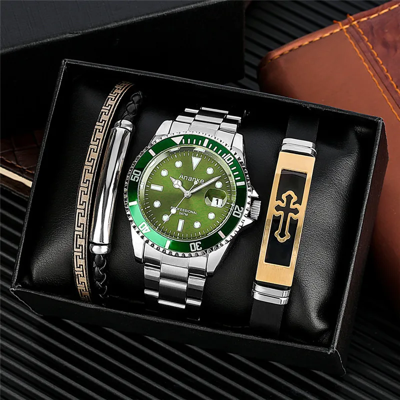

Creative Gift Set To Men Silver Steel Band Business Quartz Wrist Watch Luminous Hands Date Display with Fashion Bracelet Box