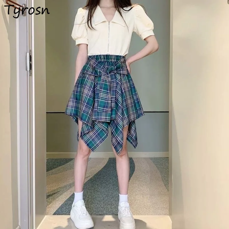 

Asymmetrical Skirts Women Personality Design All-match Retro Plaid Daily Casual Korean Style Students Summer Ins Fashion Faldas