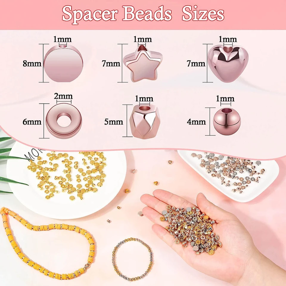 Swpeet Juego De 1802 Cuentas De 3 Tamaños, 4 Mm, 6 Mm, 8 Mm, Doradas, Plateadas, Redondas, Espaciadoras, Perlas De Alfabeto, Con 2 Rollos De Cuerda Elástica Para Pulseras De Manualidades, Joyas
