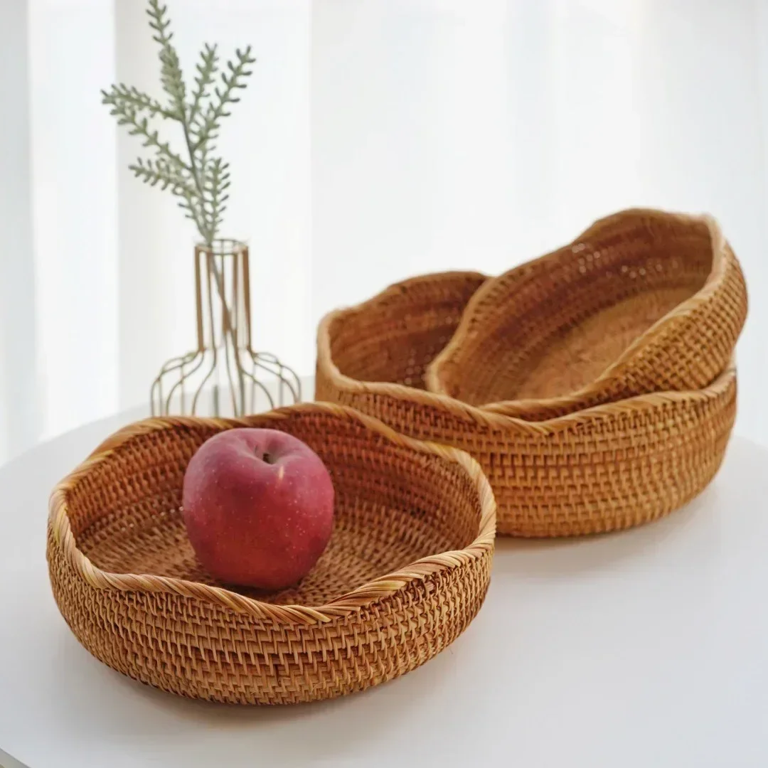 Round Rattan Woven Basket, Wicker Fruit Basket, Bread Food Kitchen Home Decor Organizer, Breadbasket For Kitchen 5