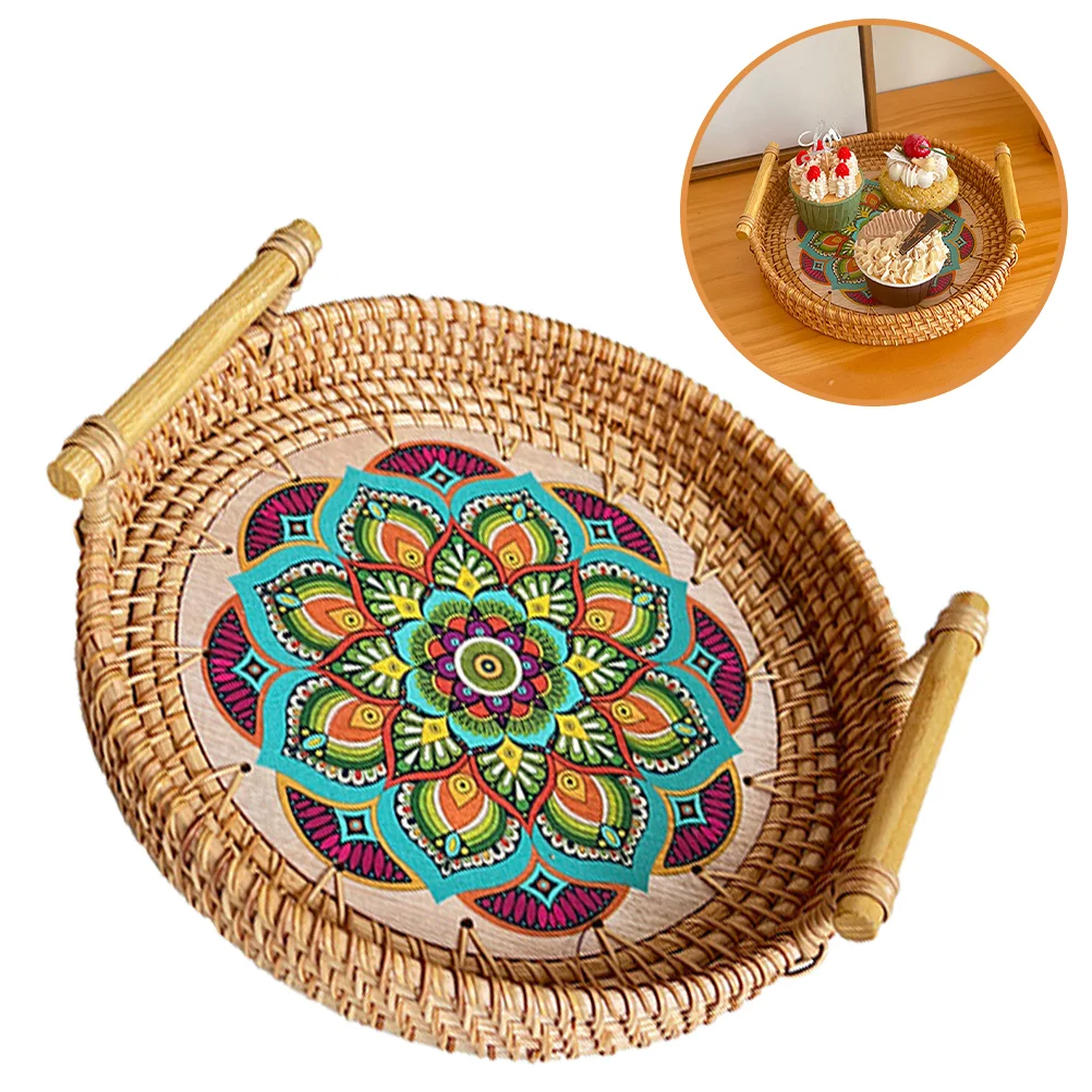 

Rattan Serving Tray with Handle Mandala Pattern Food Snack Platter Picnic Serving Plate