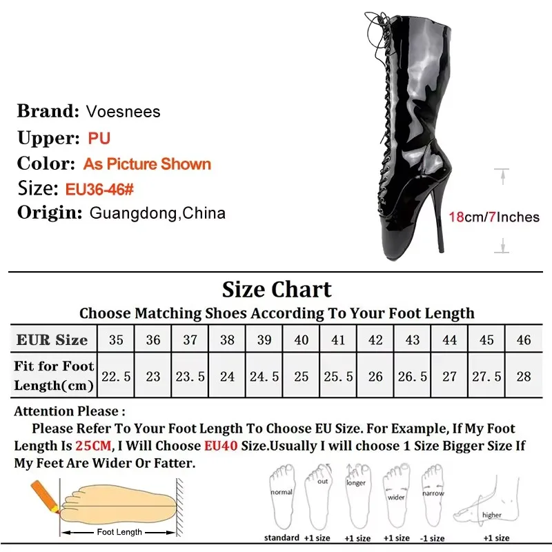 Women 18CM Ultra High heel Black Lace-up Zipper Mid-Calf Boots Plus Size 44 45 46 Sexy Fetish Shoes Woman Stiletto Ballet Boots