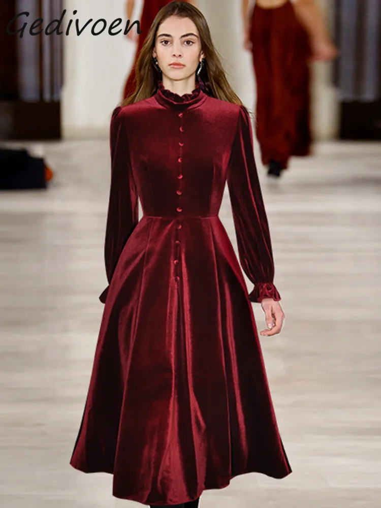 

Осеннее модное дизайнерское винтажное бархатное платье Gedivoen винного цвета, женское однобортное облегающее длинное платье с воротником с оборками и высокой талией
