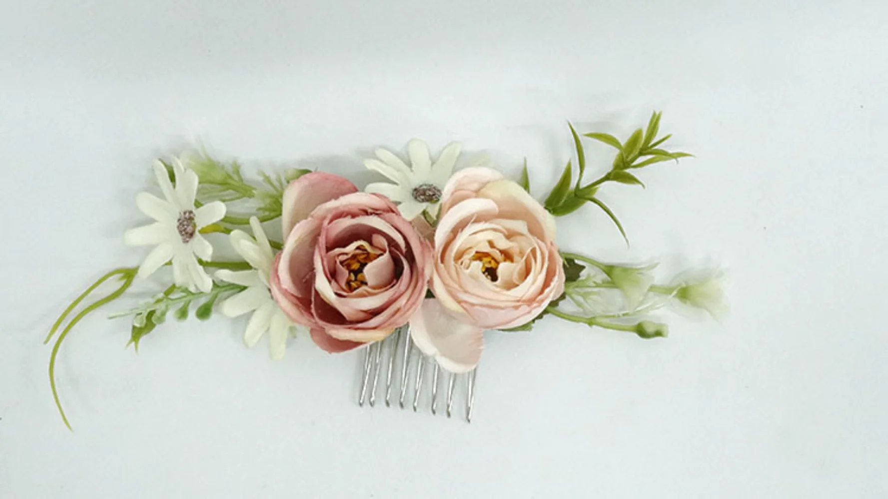 Vintage Pink Silk Rose Bridal Headwear for Wedding Handmade Hair Comb Set Florals Green Leaves Pisn tocado para cabello novia