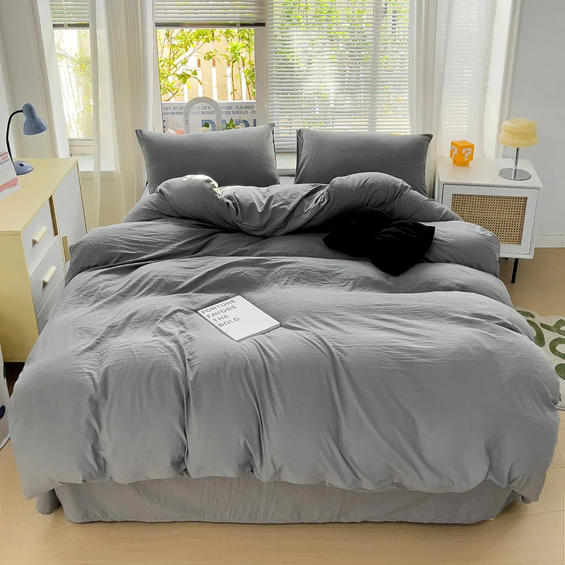 Solid Cotton Bedding Set For Boys with Sheet Duvet Cover Pillowcase Single Couple Bedsheet King Queen Double Twin Size Bed Linen 3